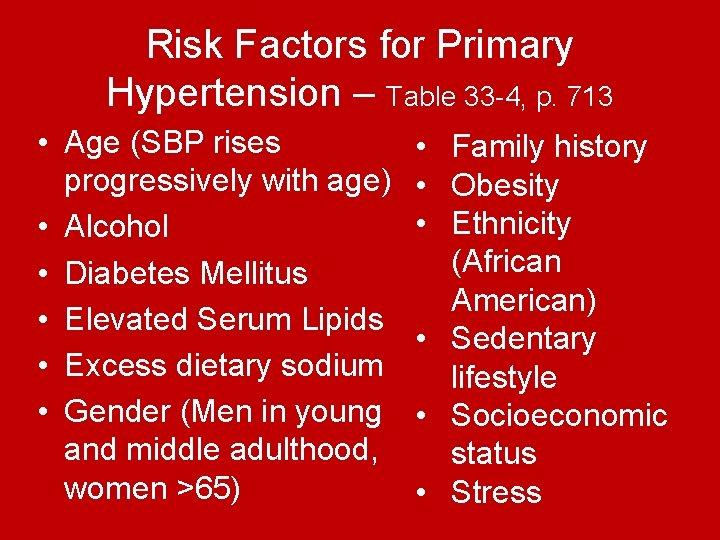Risk Factors for Primary Hypertension – Table 33 -4, p. 713 • Age (SBP Risk Factors for Primary Hypertension – Table 33 -4, p. 713 • Age (SBP