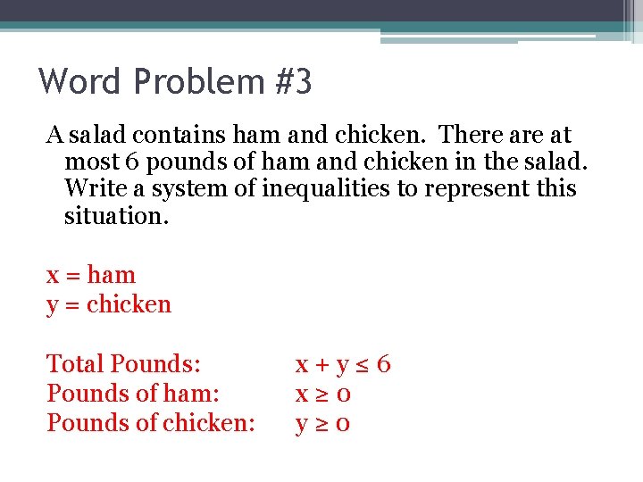 Word Problem #3 A salad contains ham and chicken. There at most 6 pounds