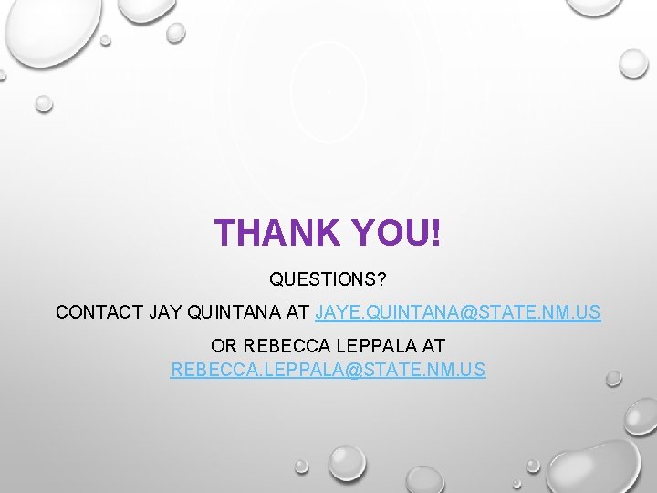 THANK YOU! QUESTIONS? CONTACT JAY QUINTANA AT JAYE. QUINTANA@STATE. NM. US OR REBECCA LEPPALA