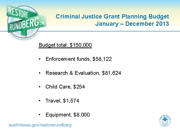Criminal Justice Grant Planning Budget January – December 2013 Budget total: $150, 000 •