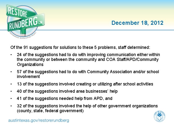 December 18, 2012 Of the 91 suggestions for solutions to these 5 problems, staff