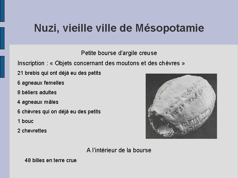 Nuzi, vieille ville de Mésopotamie Petite bourse d’argile creuse Inscription : « Objets concernant