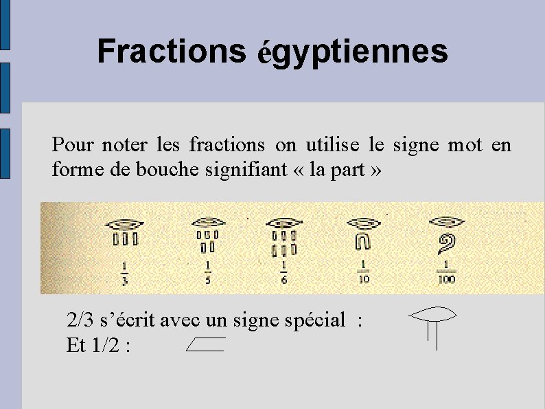 Fractions égyptiennes Pour noter les fractions on utilise le signe mot en forme de