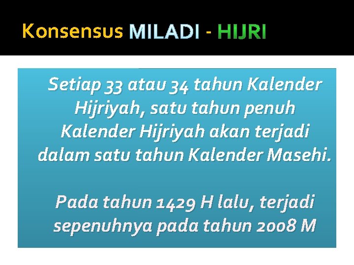 Konsensus MILADI Setiap 33 atau 34 tahun Kalender Hijriyah, satu tahun penuh Kalender Hijriyah