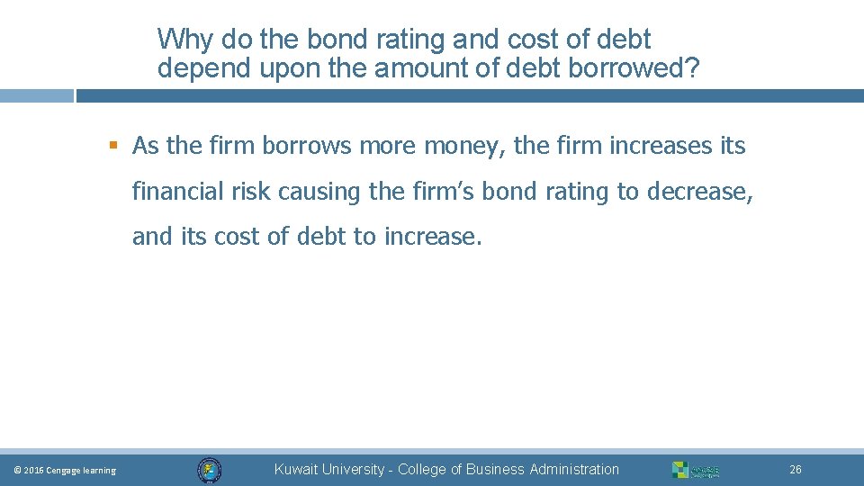 Why do the bond rating and cost of debt depend upon the amount of