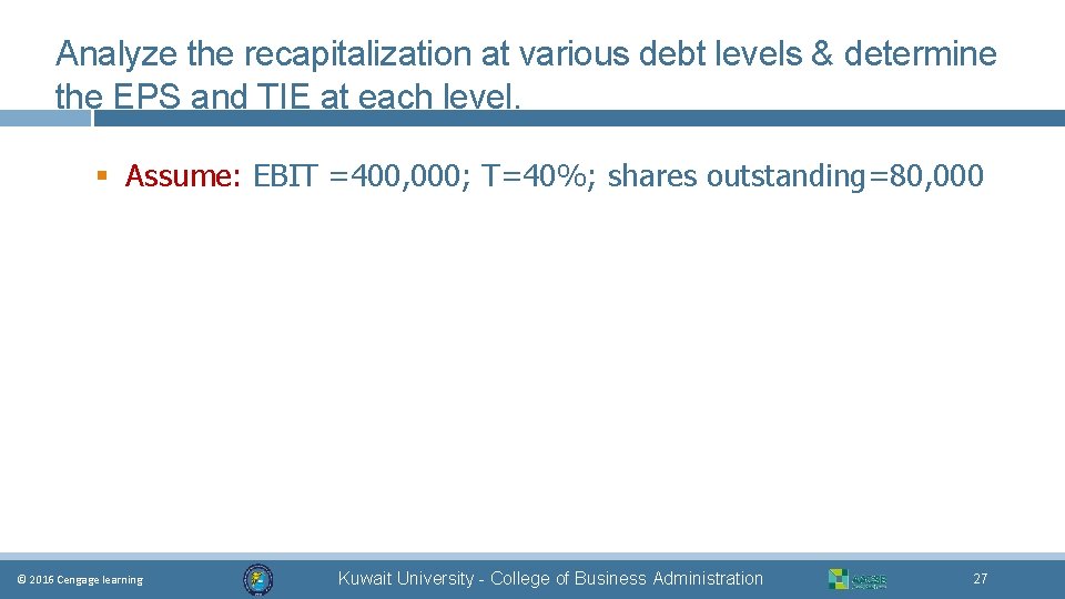 Analyze the recapitalization at various debt levels & determine the EPS and TIE at