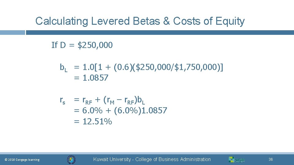 Calculating Levered Betas & Costs of Equity If D = $250, 000 b. L