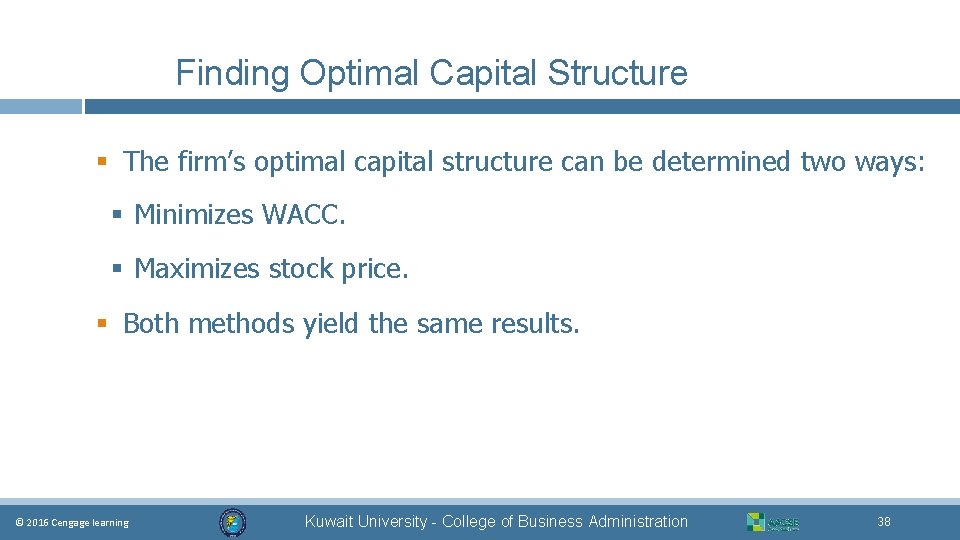 Finding Optimal Capital Structure § The firm’s optimal capital structure can be determined two