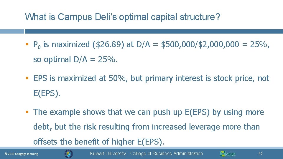 What is Campus Deli’s optimal capital structure? § P 0 is maximized ($26. 89)