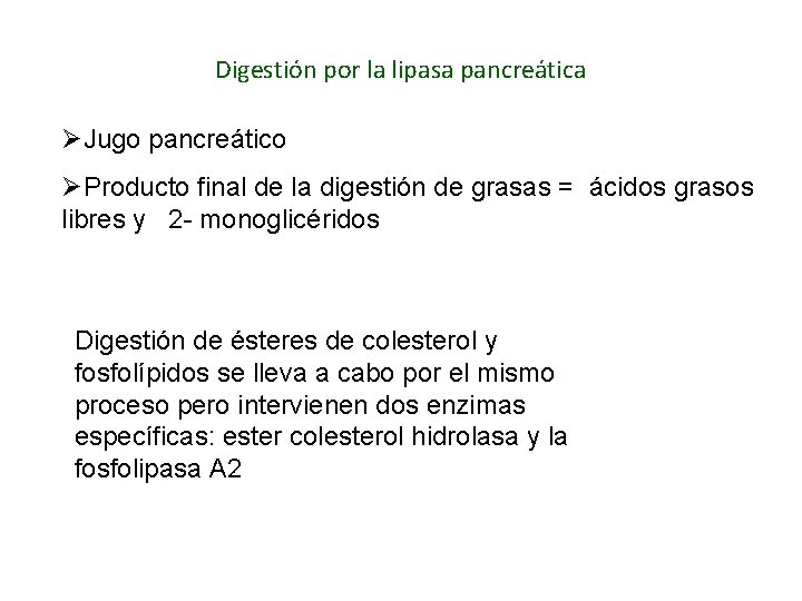 Digestión por la lipasa pancreática ØJugo pancreático ØProducto final de la digestión de grasas