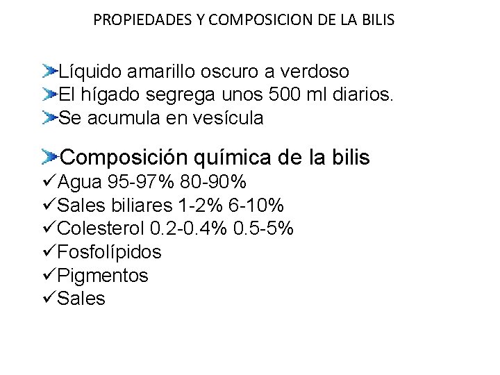 PROPIEDADES Y COMPOSICION DE LA BILIS Líquido amarillo oscuro a verdoso El hígado segrega