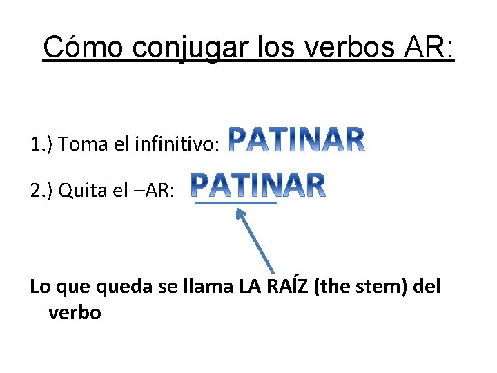 Cómo conjugar los verbos AR: 1. ) Toma el infinitivo: 2. ) Quita el