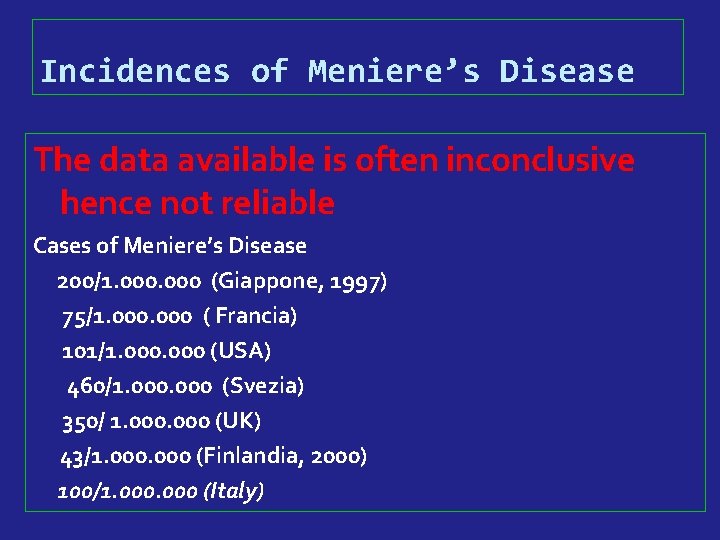 Incidences of Meniere’s Disease The data available is often inconclusive hence not reliable Cases