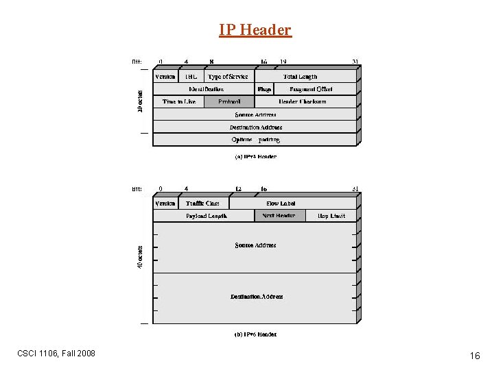 IP Header CSCI 1106, Fall 2008 16 