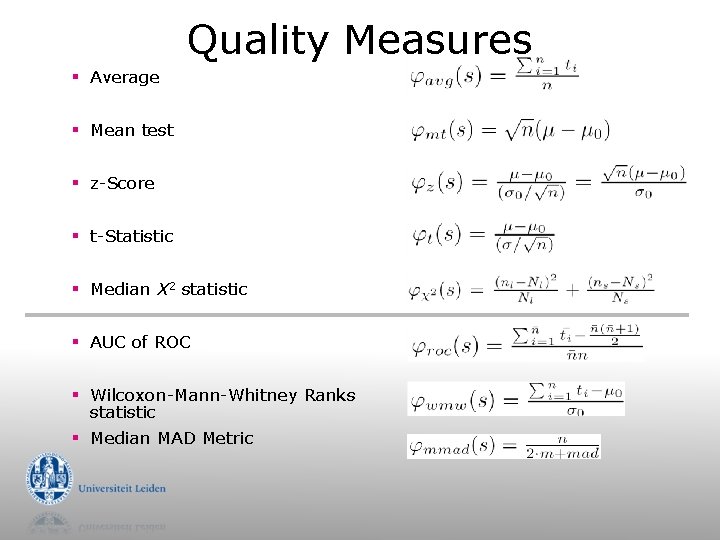 Quality Measures § Average § Mean test § z-Score § t-Statistic § Median X