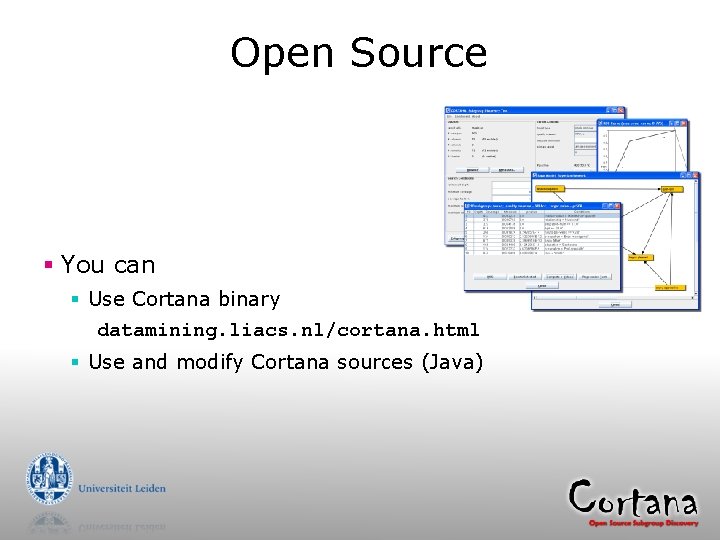 Open Source § You can § Use Cortana binary datamining. liacs. nl/cortana. html §