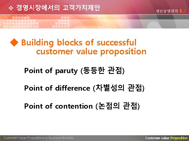 v 경영시장에서의 고객가치제안 생산운영관리 8조 ◈ Building blocks of successful customer value proposition Point