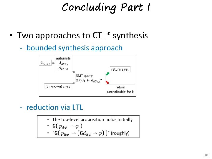 Concluding Part I • Two approaches to CTL* synthesis bounded synthesis approach reduction via