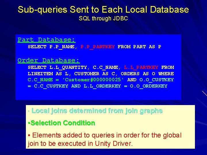 Sub-queries Sent to Each Local Database SQL through JDBC Part Database: SELECT P. P_NAME,