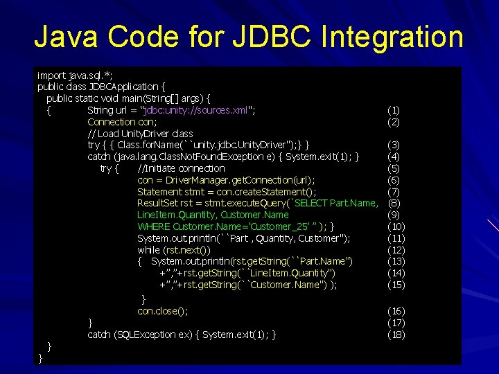 Java Code for JDBC Integration import java. sql. *; public class JDBCApplication { public