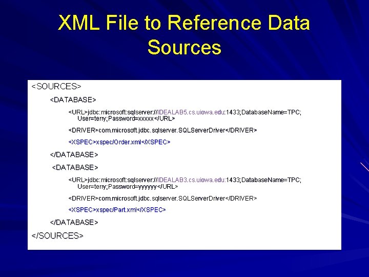 XML File to Reference Data Sources <SOURCES> <DATABASE> <URL>jdbc: microsoft: sqlserver: //IDEALAB 5. cs.