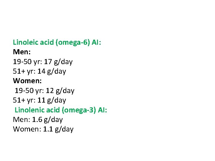 Linoleic acid (omega-6) AI: Men: 19 -50 yr: 17 g/day 51+ yr: 14 g/day