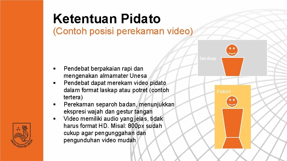 Ketentuan Pidato (Contoh posisi perekaman video) lanskap § § Pendebat berpakaian rapi dan mengenakan