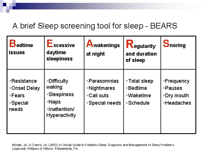 A brief Sleep screening tool for sleep - BEARS Bedtime issues §Resistance §Onset Delay