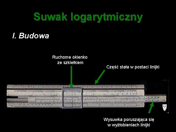 Suwak logarytmiczny I. Budowa Ruchome okienko ze szkiełkiem Część stała w postaci linijki Wysuwka