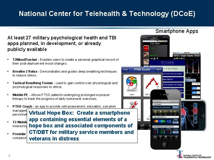 National Center for Telehealth & Technology (DCo. E) Smartphone Apps At least 27 military