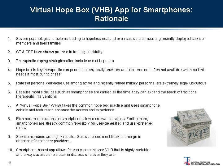 Virtual Hope Box (VHB) App for Smartphones: Rationale 1. Severe psychological problems leading to