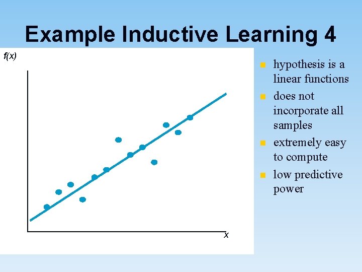 Example Inductive Learning 4 f(x) n n x hypothesis is a linear functions does