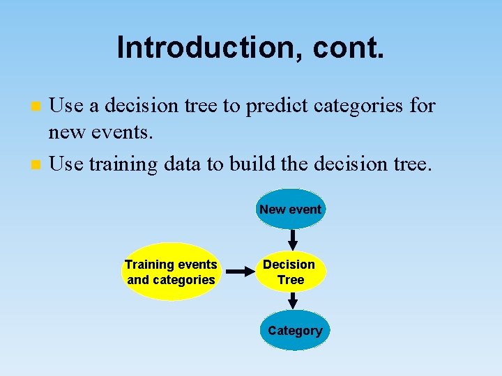 Introduction, cont. n n Use a decision tree to predict categories for new events.