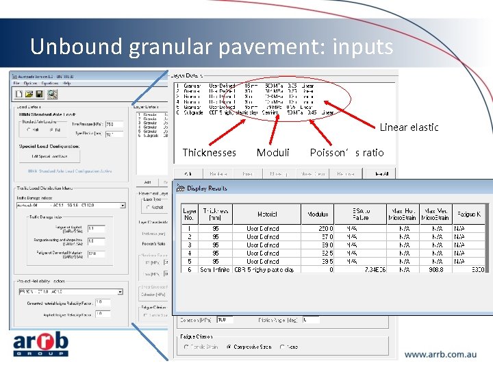 Unbound granular pavement: inputs Linear elastic Thicknesses Moduli Poisson’s ratio 