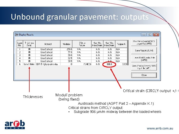 Unbound granular pavement: outputs Critical strain (CIRCLY output +/- 0 Thicknesses Moduli problem (being