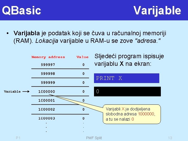 QBasic Varijable • Varijabla je podatak koji se čuva u računalnoj memoriji (RAM). Lokacija