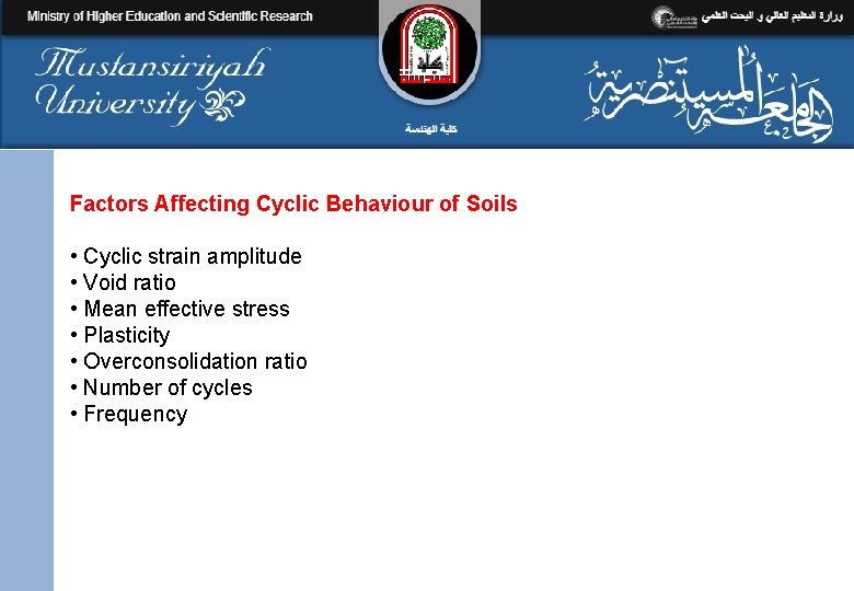 Factors Affecting Cyclic Behaviour of Soils • Cyclic strain amplitude • Void ratio •