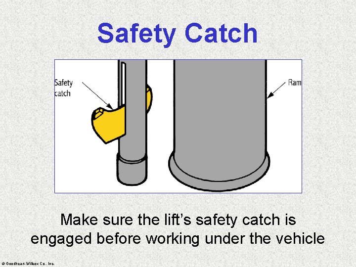 Safety Catch Make sure the lift’s safety catch is engaged before working under the