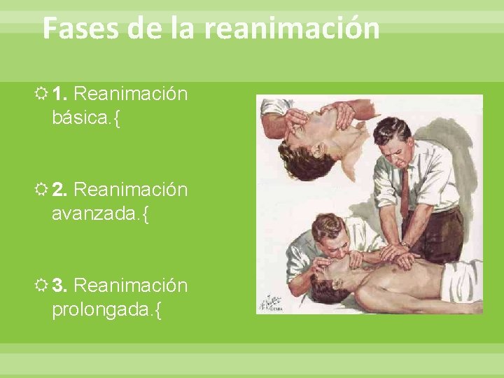 Fases de la reanimación 1. Reanimación básica. { 2. Reanimación avanzada. { 3. Reanimación