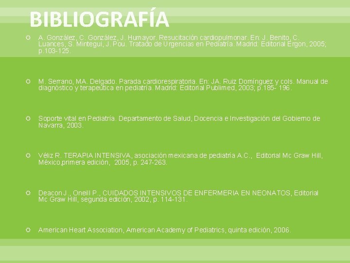 BIBLIOGRAFÍA A. González, C. González, J. Humayor. Resucitación cardiopulmonar. En: J. Benito, C. Luances,