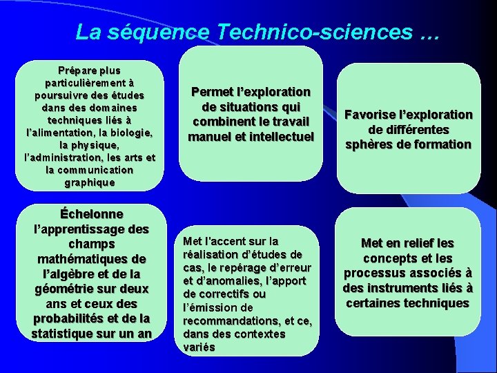 La séquence Technico-sciences … Prépare plus particulièrement à poursuivre des études dans des domaines