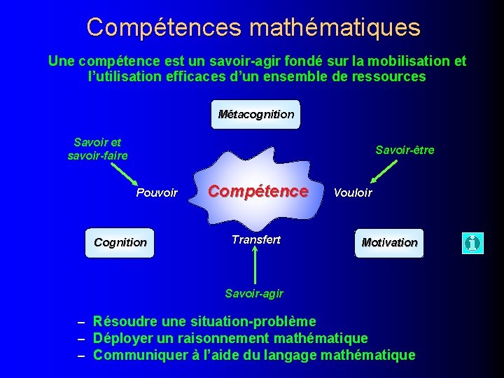 Compétences mathématiques Une compétence est un savoir-agir fondé sur la mobilisation et l’utilisation efficaces