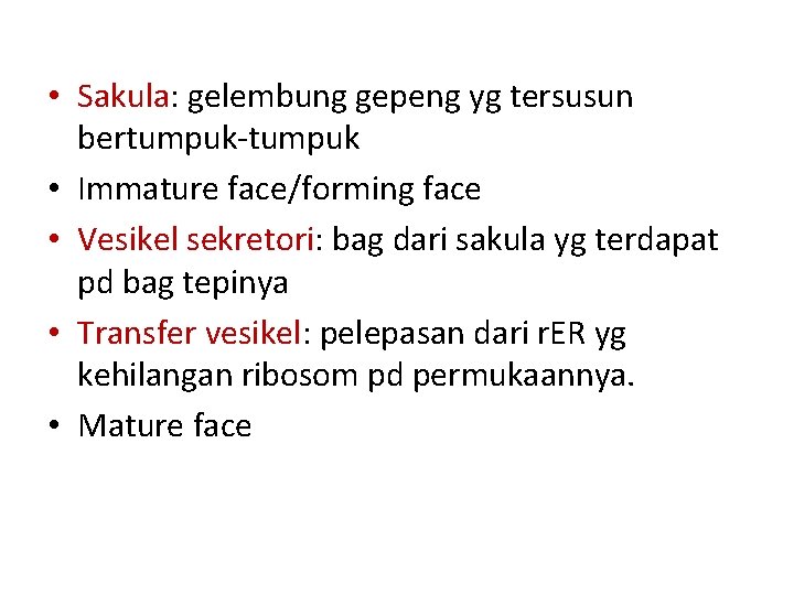  • Sakula: gelembung gepeng yg tersusun bertumpuk-tumpuk • Immature face/forming face • Vesikel