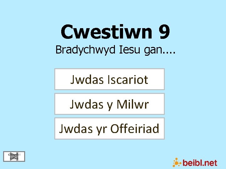 Cwestiwn 9 Bradychwyd Iesu gan. . Jwdas Iscariot Jwdas y Milwr Jwdas yr Offeiriad