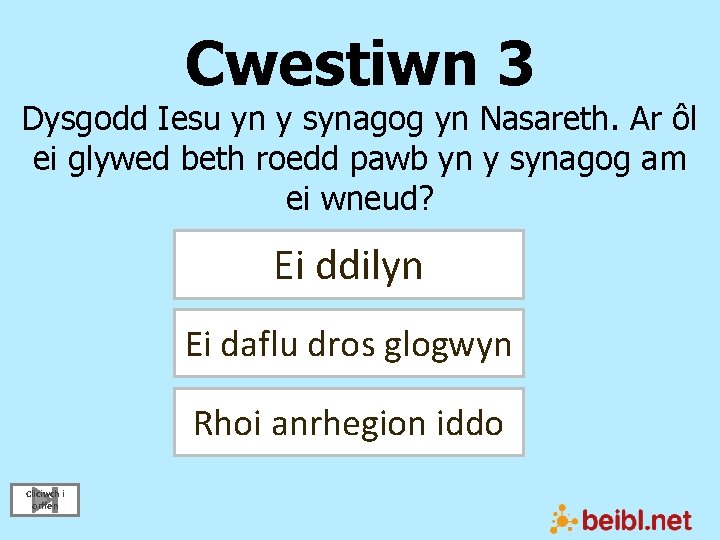 Cwestiwn 3 Dysgodd Iesu yn y synagog yn Nasareth. Ar ôl ei glywed beth