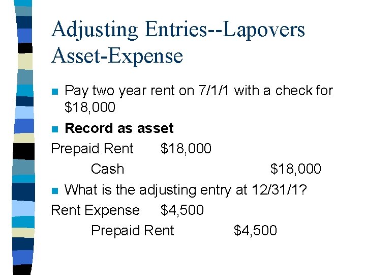 Adjusting Entries--Lapovers Asset-Expense Pay two year rent on 7/1/1 with a check for $18,
