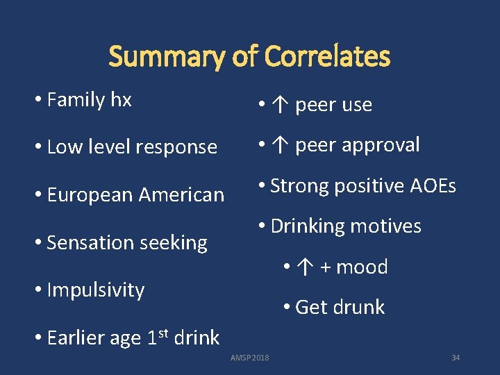 Summary of Correlates • Family hx • ↑ peer use • Low level response