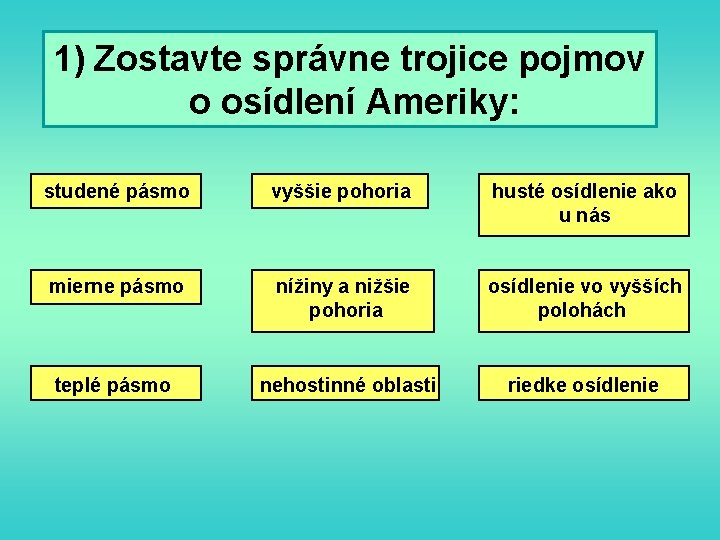 1) Zostavte správne trojice pojmov o osídlení Ameriky: studené pásmo vyššie pohoria husté osídlenie