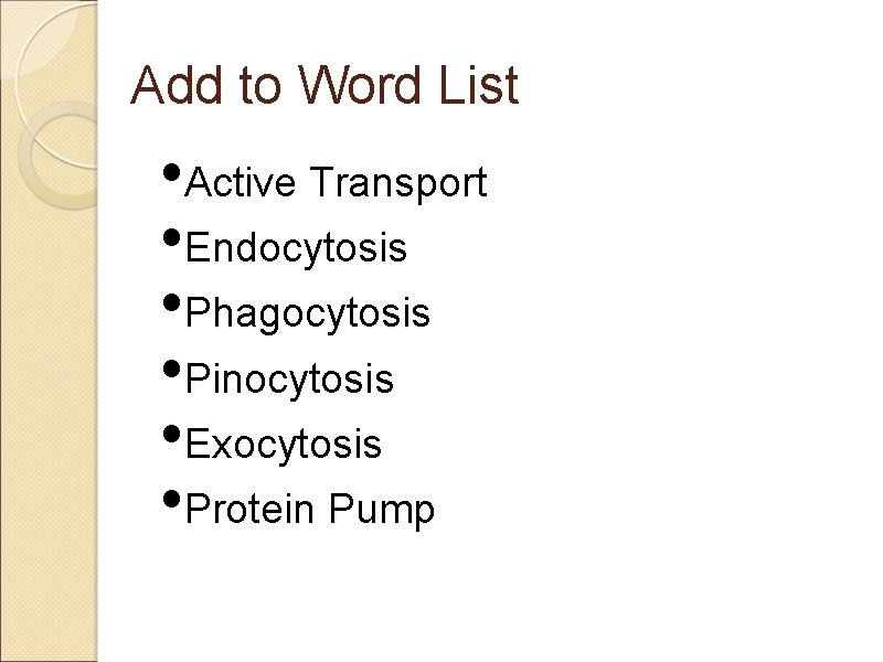 Add to Word List • Active Transport • Endocytosis • Phagocytosis • Pinocytosis •