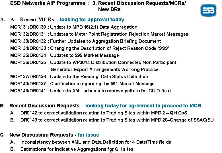 ESB Networks AIP Programme : 3. Recent Discussion Requests/MCRs/ New DRs A. A Recent